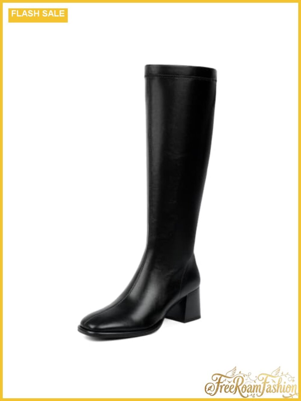Women's Knee High Boots Stretchy Faux Leather Chunky Block Heel Square Toe Tall